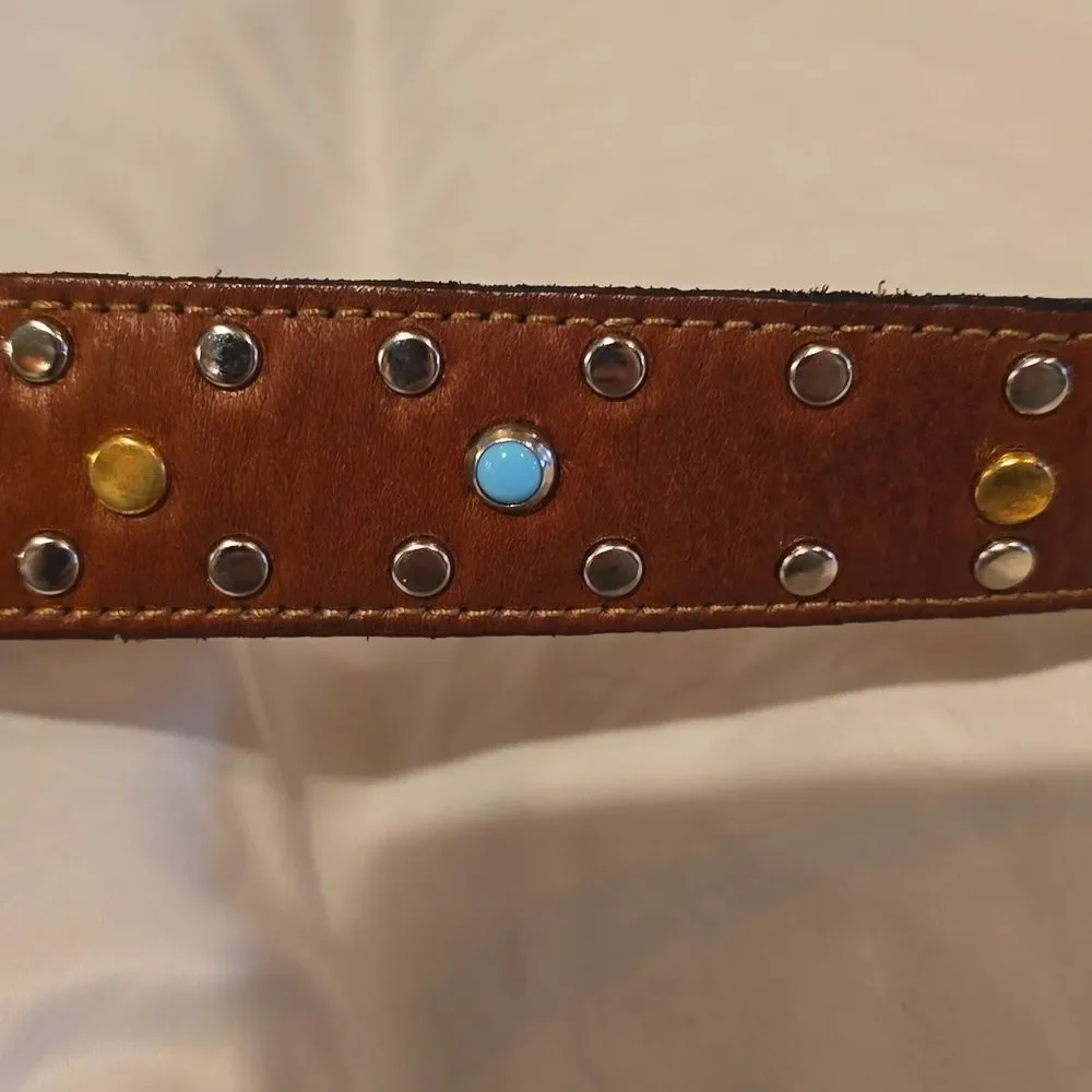 Western Studded Brown Leather Belt with Silver Buckle,34' Inch NWOT!